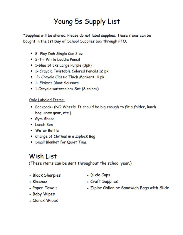 Young 5s Supply List